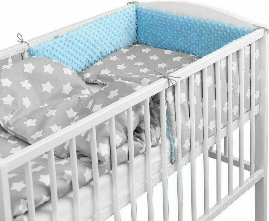 Baby Dimple Bedding Set 3Pc Fit Cot 120X60cm - Blue / Big White Stars On Grey