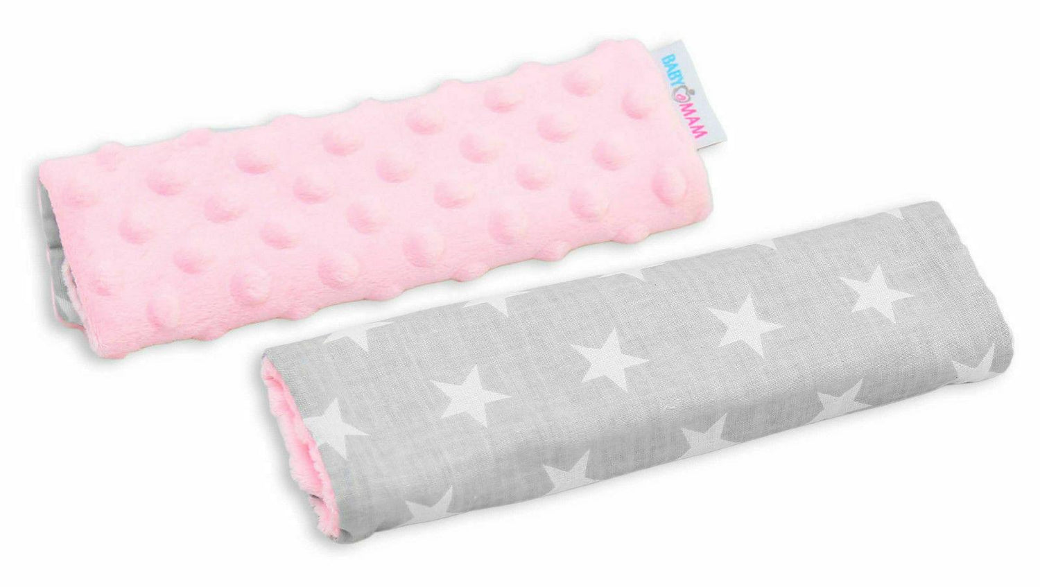 Dimple Belt Cover Car Seat Pram Pad Shoulder Soft Strap 2 Piece Pink/Small White Stars On Grey Happybaby