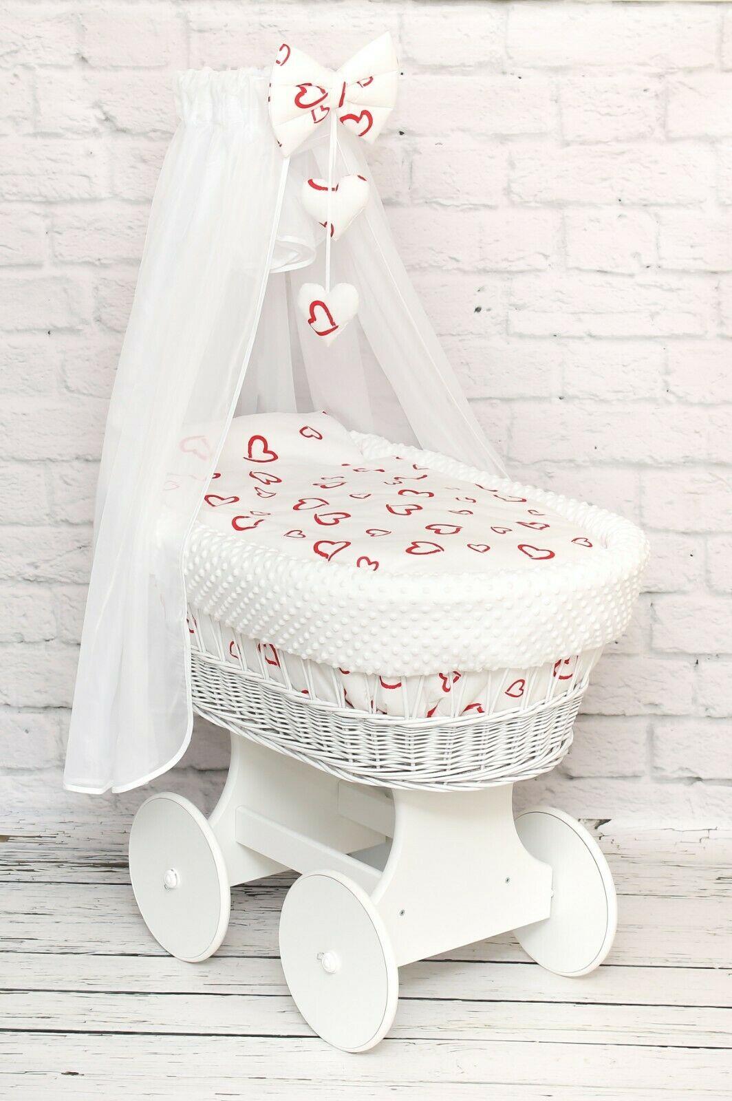 Full Bedding Set With Canopy To Fit Wicker Moses Basket Red Hearts With White