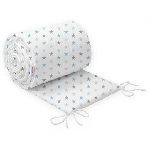 Baby Padded Bumper 100% Cotton To Fit Crib All Round 260cm Grey Blue Stars