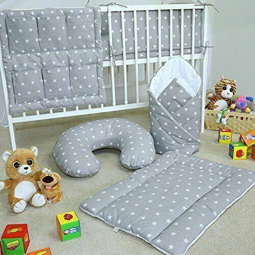 10PC Baby Bedding Set 100% Cotton Fit Cot 120x60cm Small White Stars On Grey