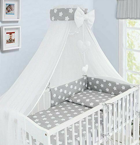 Baby bedding set 10pc fit cot bed 140x70cm - Big white stars on grey