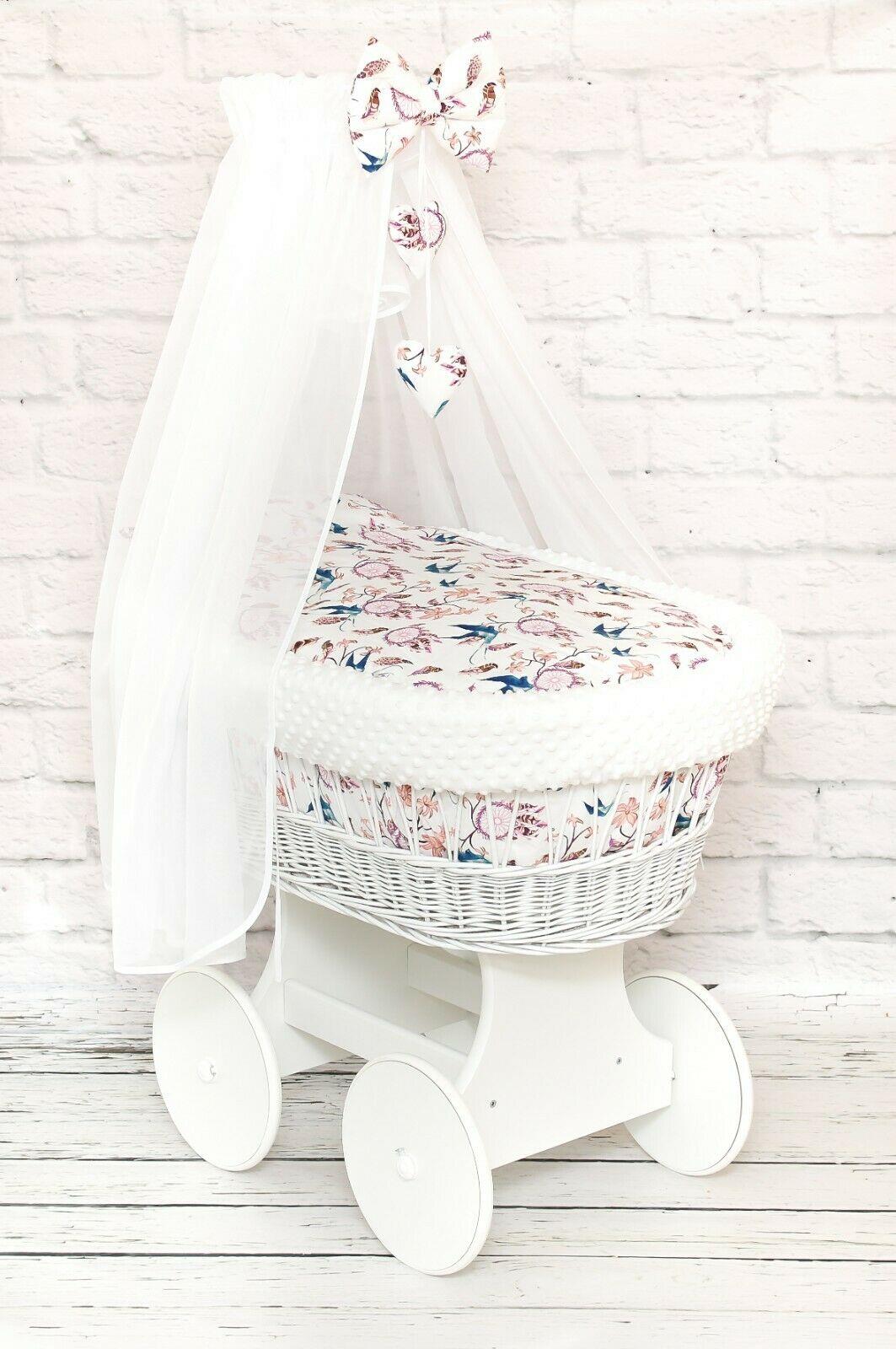 Full Bedding Set With Canopy To Fit Wicker Moses Basket Dream Catcher Birds - White Dimple