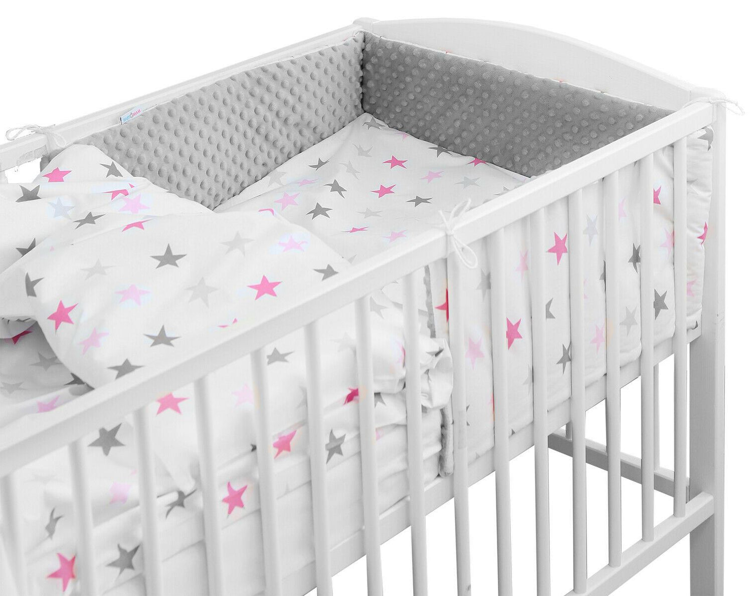 Baby dimple padded bumper 180cm straight fit COT 120x60 Grey/ Pink grey stars