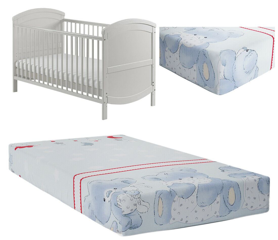 Baby Fitted Cot Bed Sheet Printed 100% Cotton Mattress 140X70cm Cuddle Bear Grey