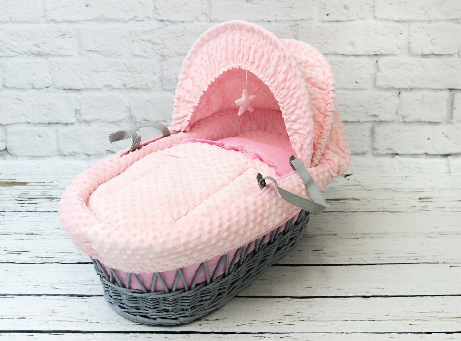 Luxury Moses Basket Padded Grey Wicker Baby Full Set - Pink Dimple