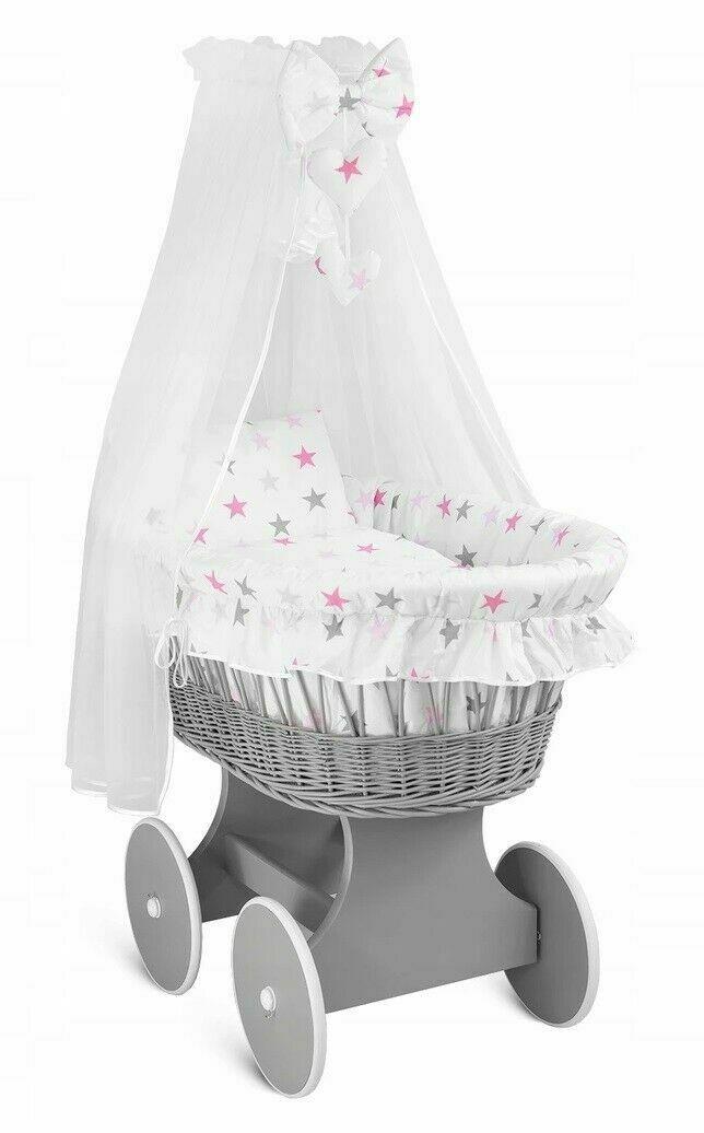 Full Bedding Set With Canopy To Fit Wicker Moses Basket Grey Pink Stars