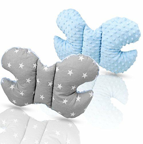 Butterfly Dimple Pillow Baby head and neck support Blue - small white stars on grey background
