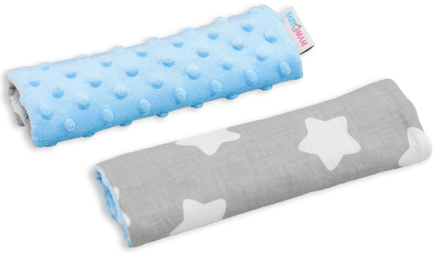 Dimple Belt Cover Car Seat Pram Pad Shoulder Soft Strap 2 Piece Blue/Big White Stars On Grey