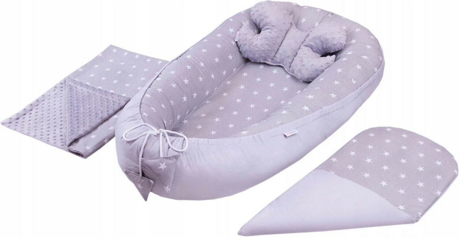 Large Baby Set Cocoon Butterfly Blanket Infant Nest Reversible Cushion Grey/ Small White Stars On Grey