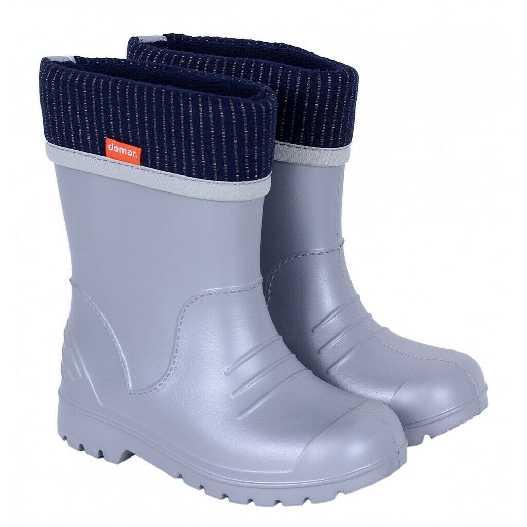 Wellies Kids Rain Snow Boots Removable Inner Lining Socks Wellington Demar Grey