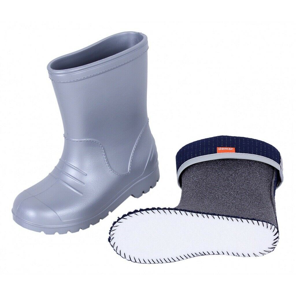 Wellies Kids Rain Snow Boots Removable Inner Lining Socks Wellington Demar Grey