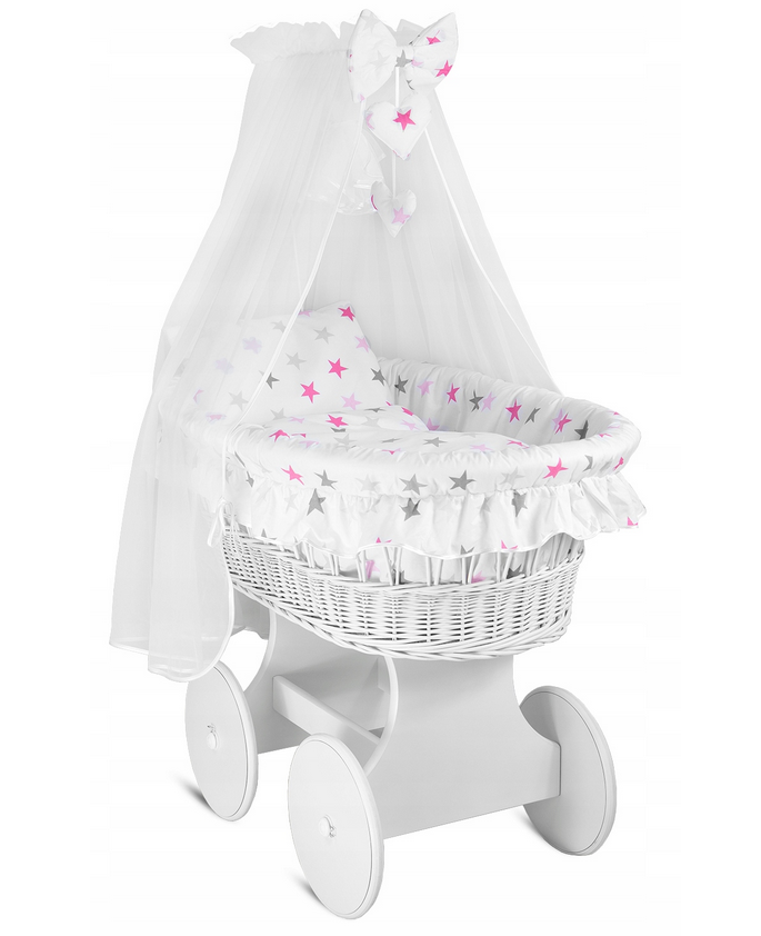 White Wicker Wheels Moses Basket Baby+Full Bedding Set Pink Grey Stars