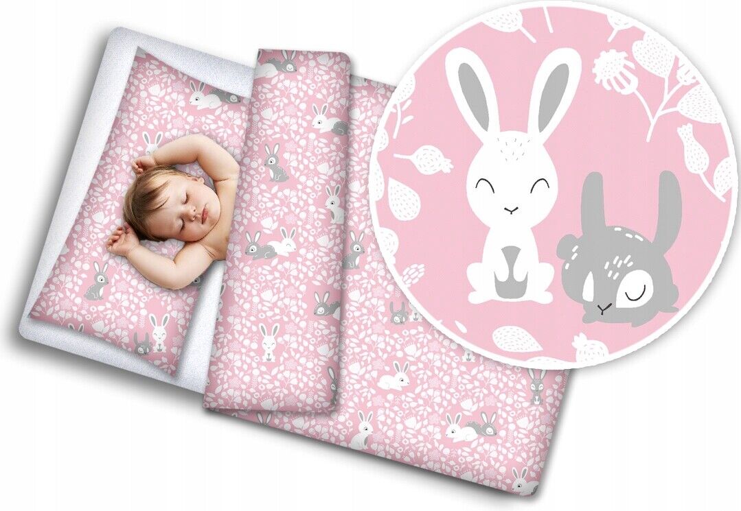 2pc Baby Filled Bedding Set Duvet Pillow 100% Cotton For Cotbed 135x100cmm Bunny Pink
