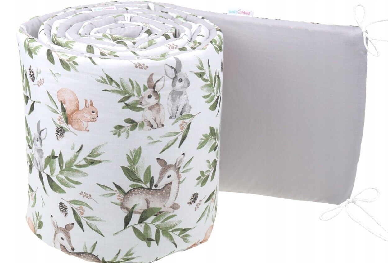 Cot Liner 180cm fit Cot 120x60cm 100% Cotton Baby Nursery Grey/ Green Glade