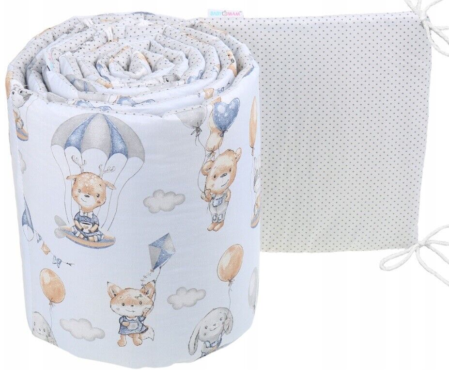 Padded Cot Liner  180cm fit Cot 120x60cm 100% Cotton Baby Nursery Walk In The Clouds/Grey Dots