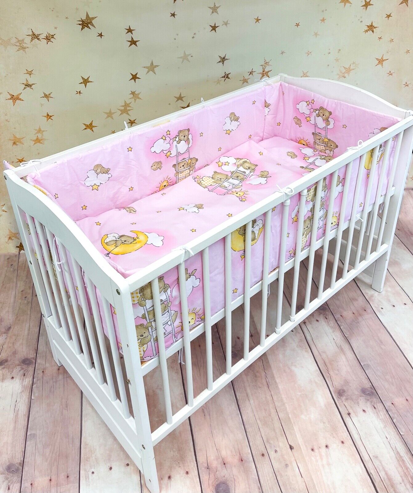 Baby 3Pc Bedding Set Cotton All-Round Straight Bumper Fit Cot 120x60 Ladder Pink