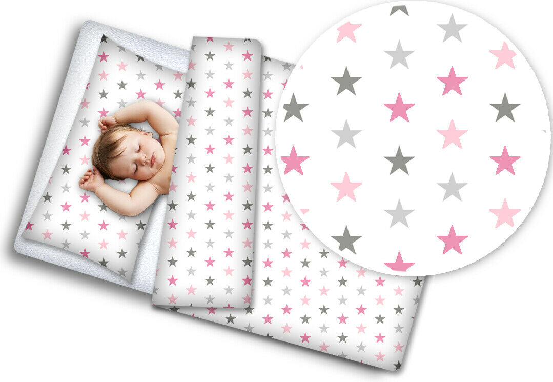 2pc Baby Filled Bedding Set Duvet Pillow 100% Cotton For Cotbed 135x100cm Grey Pink Stars