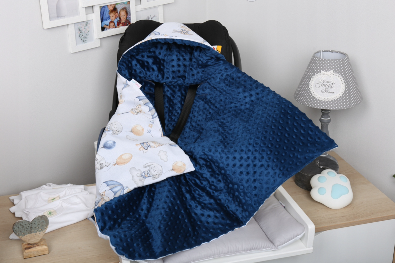 Baby Car Seat Hooded Blanket Double-sided Swaddle Wrap NAVY/ Walk in the clouds