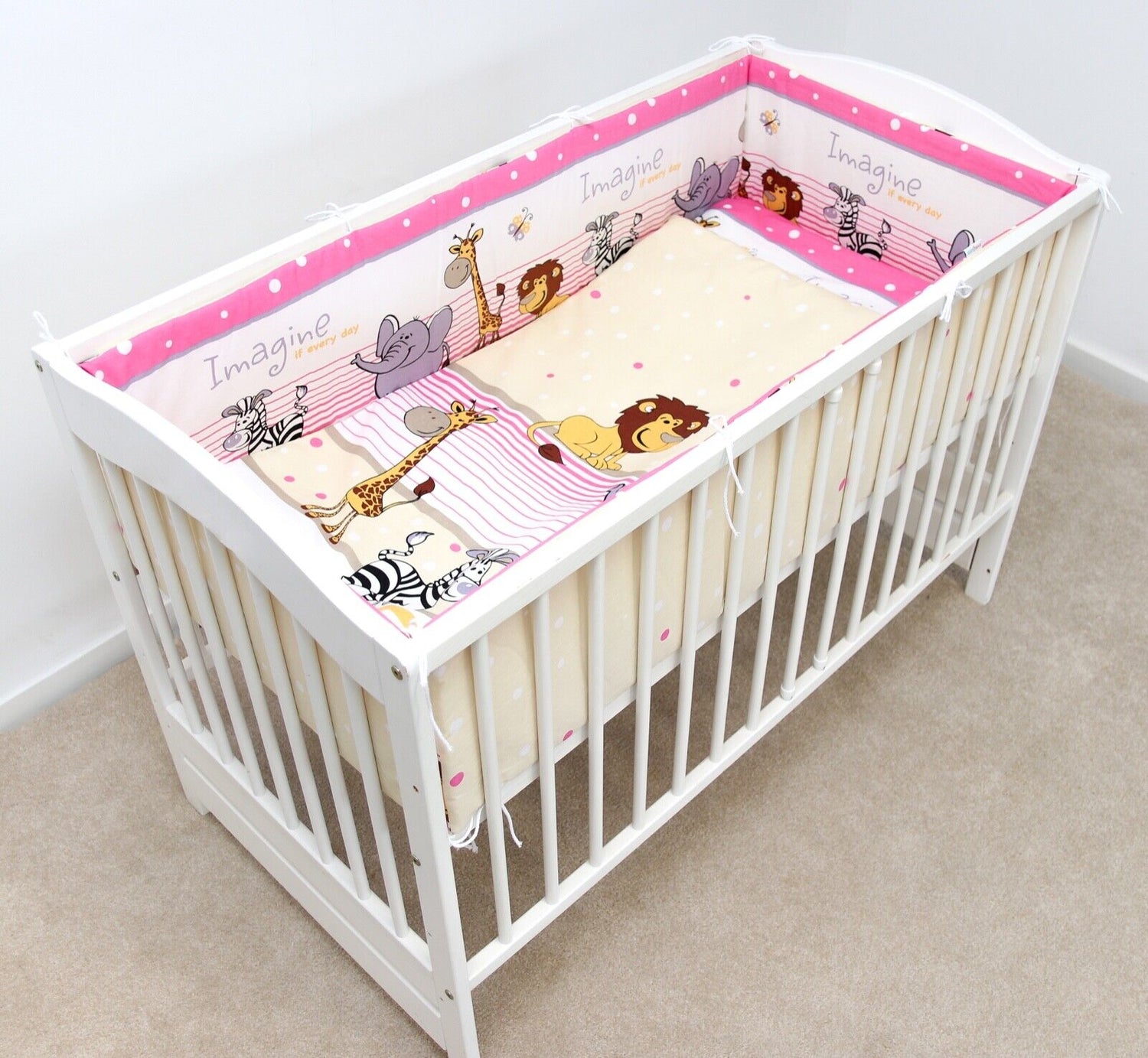 Baby 3Pc Safari Pink Bedding Set Cotton All-Round Straight Fit Cot 120c60cm