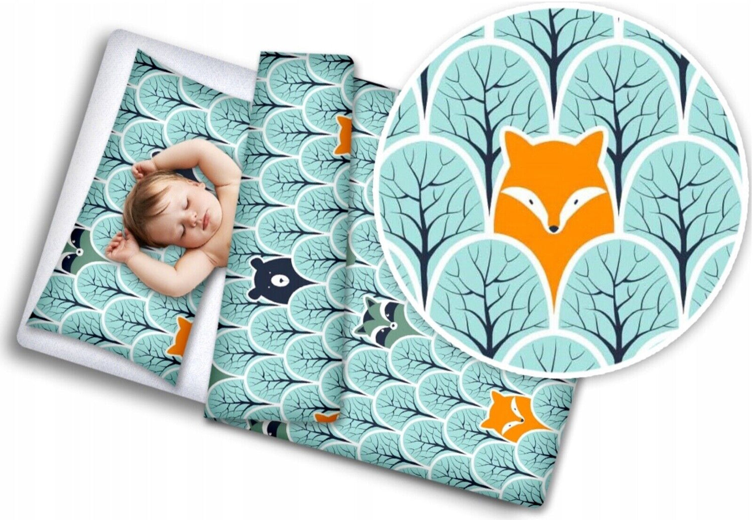 2pc Baby Filled Bedding Set Duvet Pillow 100% Cotton For Cotbed Fox in Forest Turquoise 135x100cm