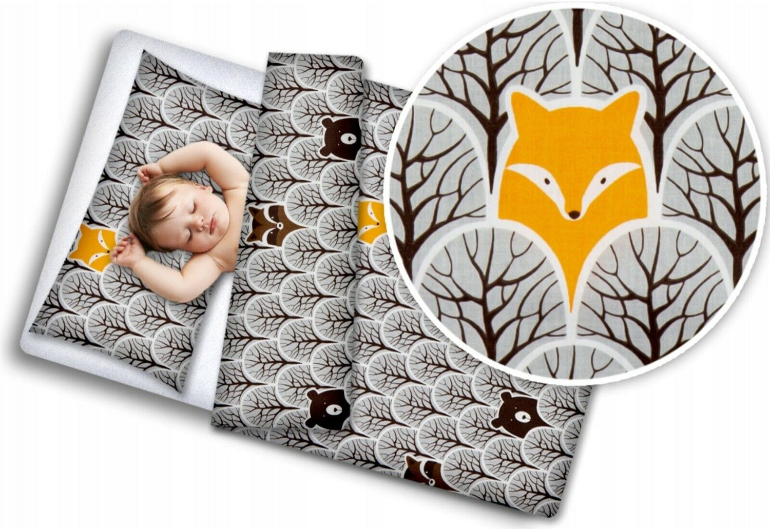 2pc Baby Filled Bedding Set Duvet Pillow 100% Cotton For Cotbed Fox in Forest Grey 135x100cm