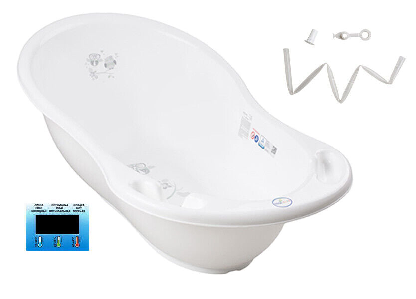 Large Baby Bath Tub with thermometer, drainage hole & plug 102cm Owls White
