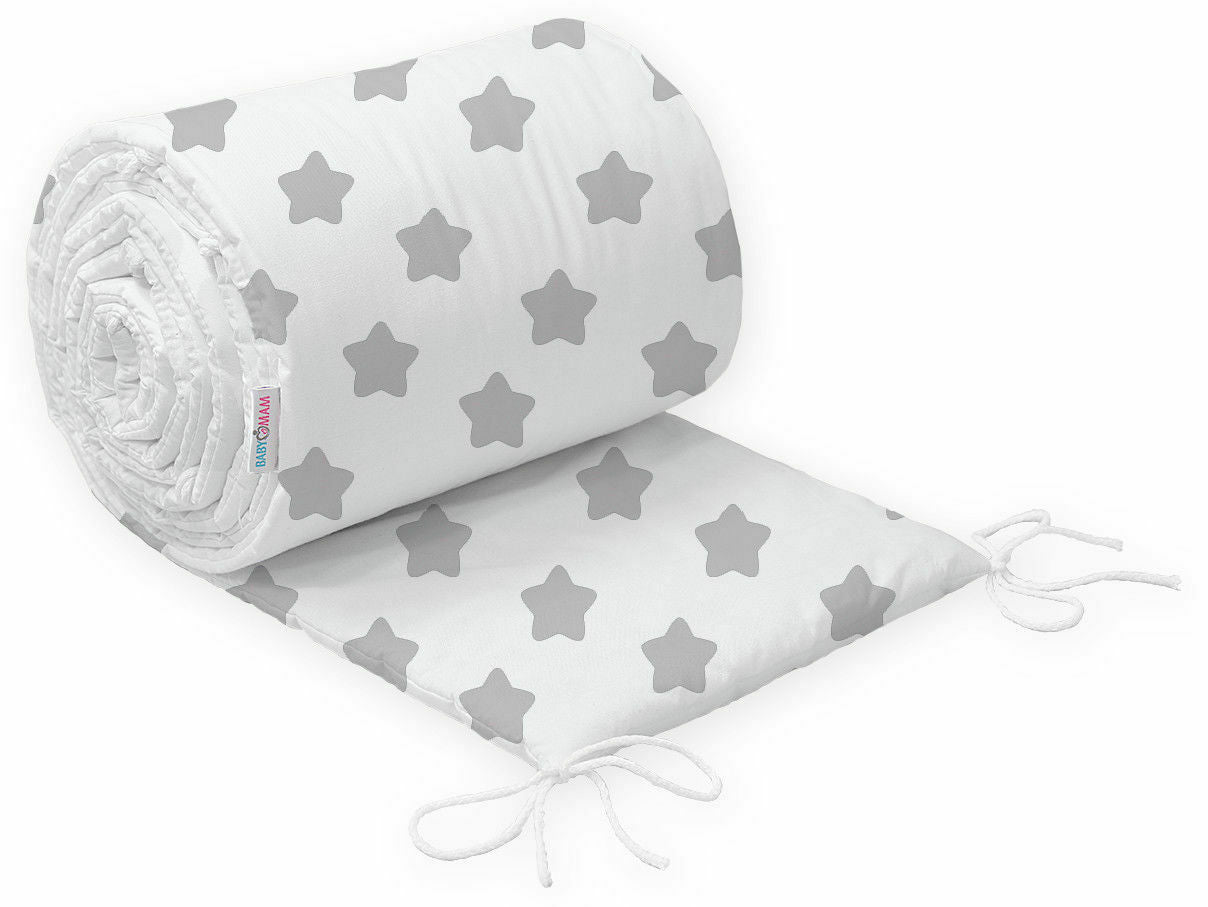 Baby Badded Bumper Big Grey Stars On White 180cm fit Cot 100% Cotton