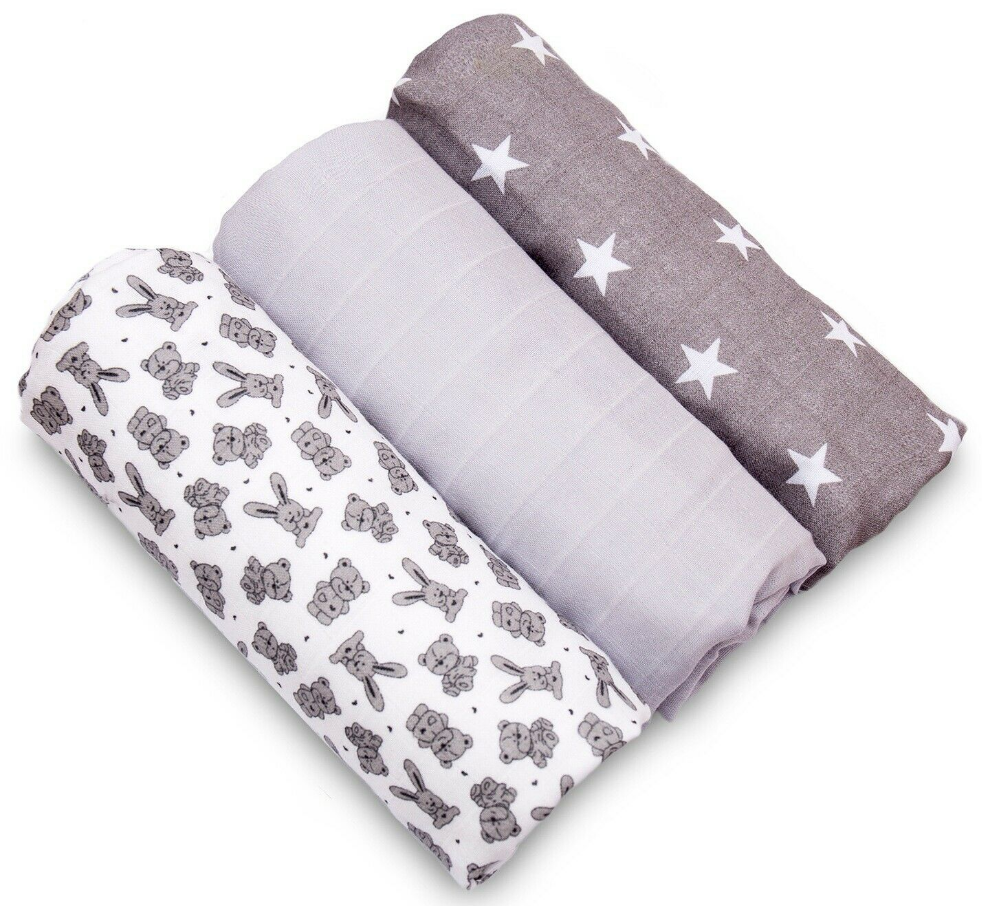 Baby Muslin Nappies Cloth Diaper 100% Cotton 3-PACK COLOURFUL 70x80cm Grey