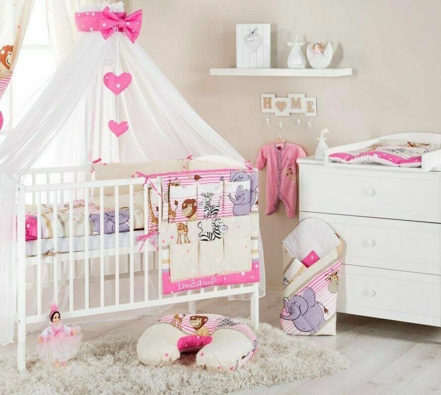 14PC Safari Pink Baby Bedding Set Nursery Pillow Duvet Bumper Fit Cot 120x60