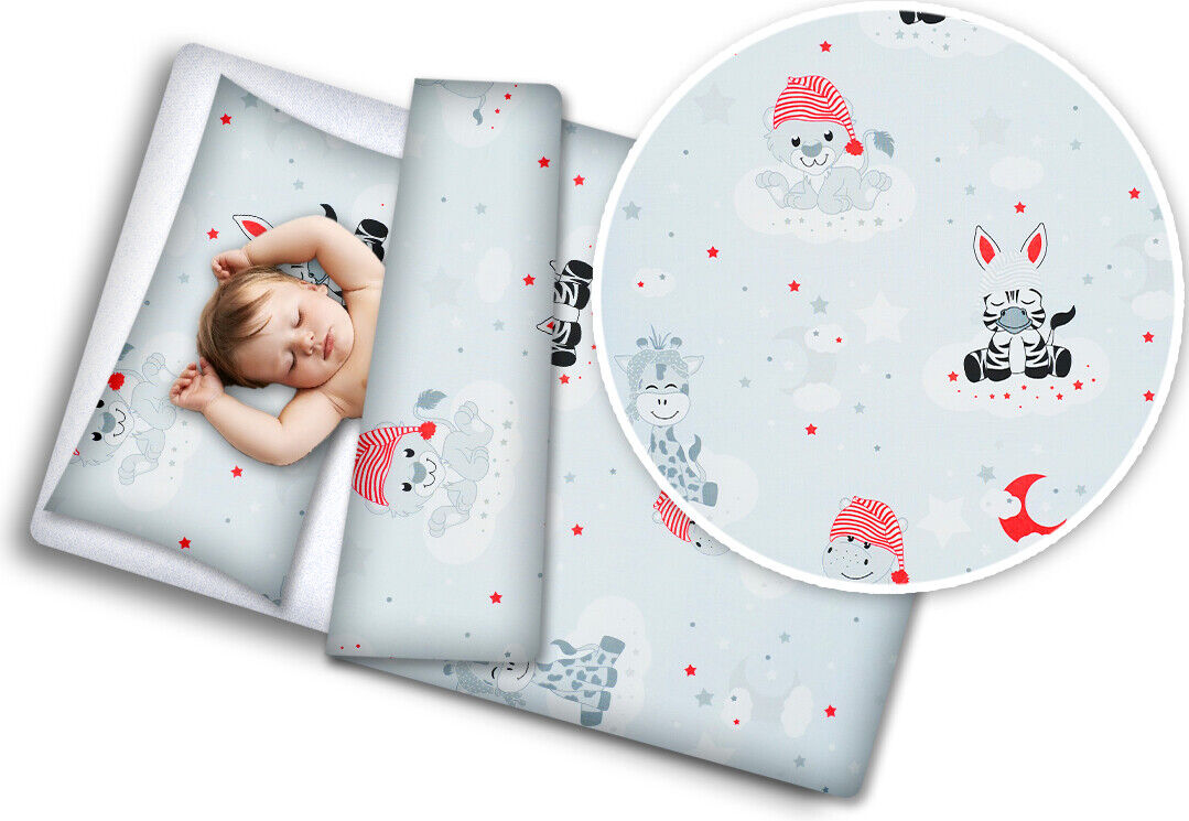 2pc Baby Filled Bedding Set Duvet Pillow 100% Cotton For Cot 120x90cm Sweet Animals Grey