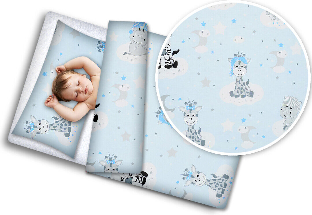 2pc Baby Filled Bedding Set Duvet Pillow 100% Cotton For Cotbed 135x100cm Sweet Animals Blue