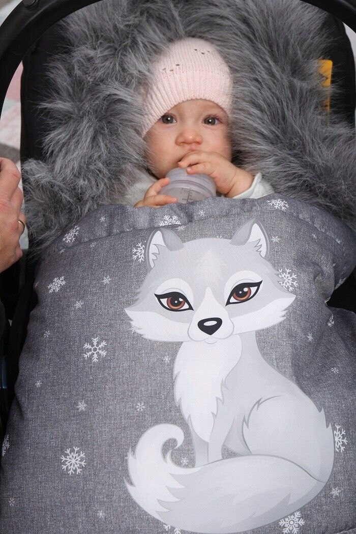 Baby Wolf/Grey Footmuff Collar Stroller Pushchair Sleeping Bag Husky Warm