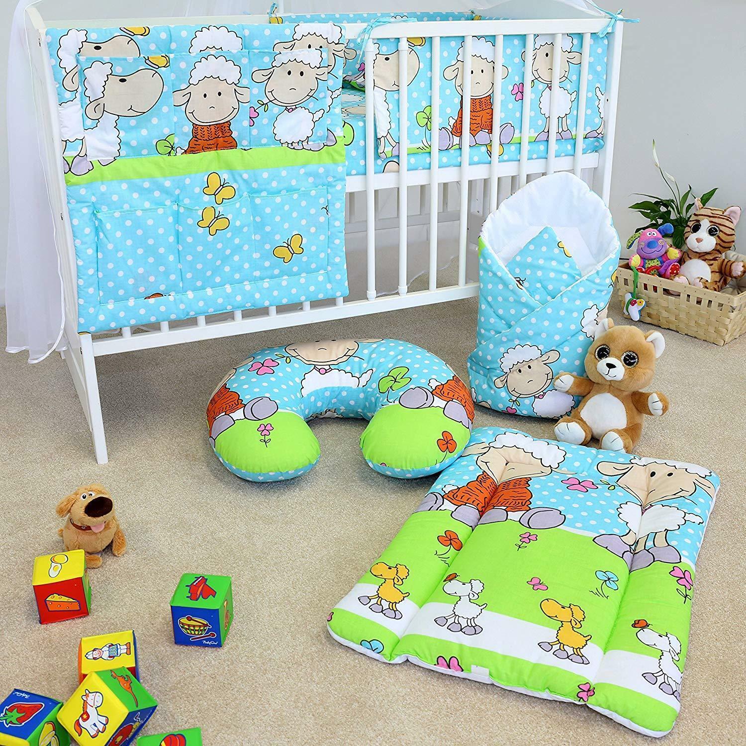 14 Pc Baby Full Nursery Bedding Set Cotton Bumper Pillow Duvet Fit Cot 120x60cm Sheep Turquiose