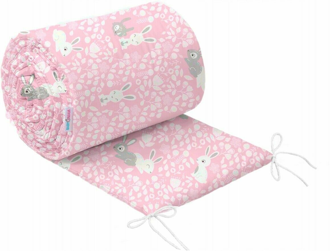 Baby Padded Straight Bumper Cotton Protection 180cm To Fit Cot Bunny pink