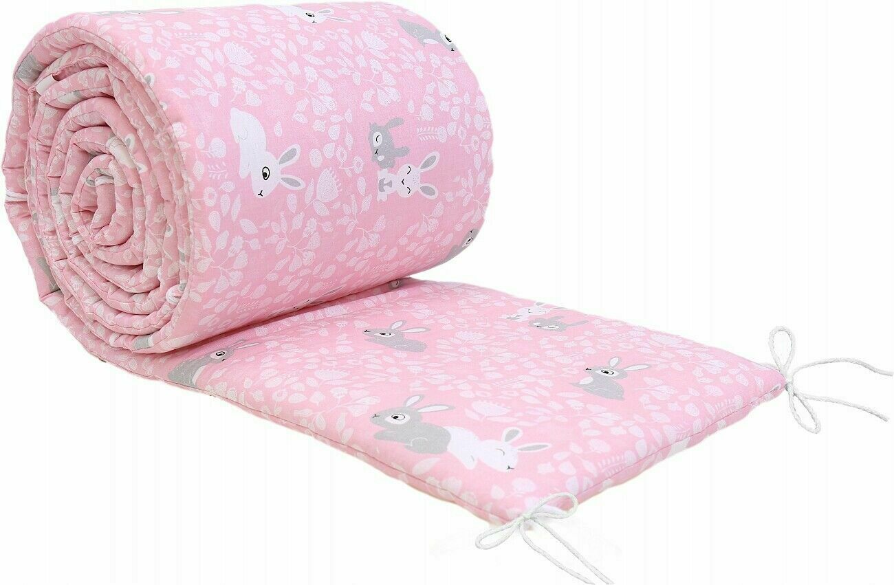 Baby Padded Straight Bumper Cotton Protection 180cm To Fit Cot Bunny pink