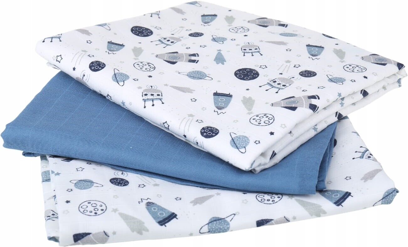 Baby Muslin Nappies Cloth Diaper Cotton 3-PACK Colourful 70x70cm Navy rockets