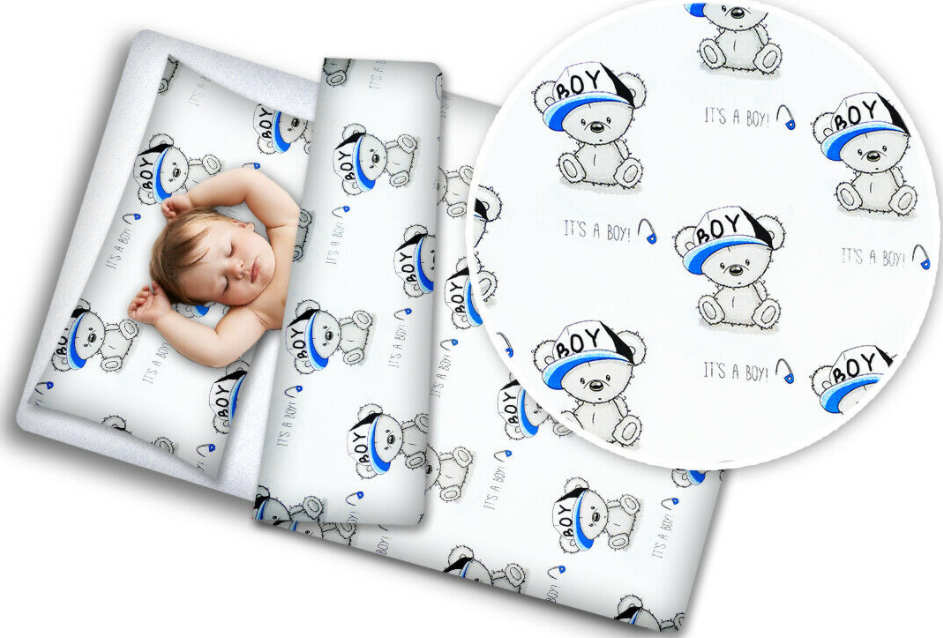 BABY BEDDING FIT JUNIOR BED 150x120cm PILLOWCASE DUVET COVER Teddy Boy White