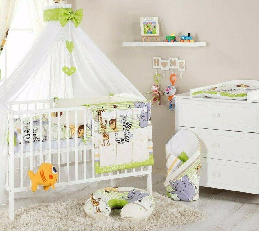 Bedding Set 14Pc Baby Nursery Cotton Bumper Pillow Duvet Fit Cot 120x60cm Safari Green