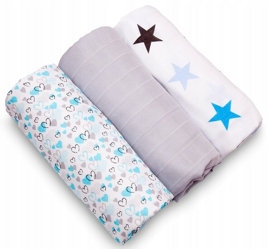 BABY MUSLIN NAPPIES CLOTH DIAPER 100% COTTON 3-PACK COLOURFUL 70x80cm Baby Blue