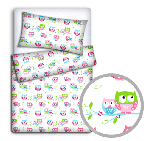 2pc Baby Filled Bedding Set Duvet Pillow 100% Cotton For Cot 120x90cm Owls White