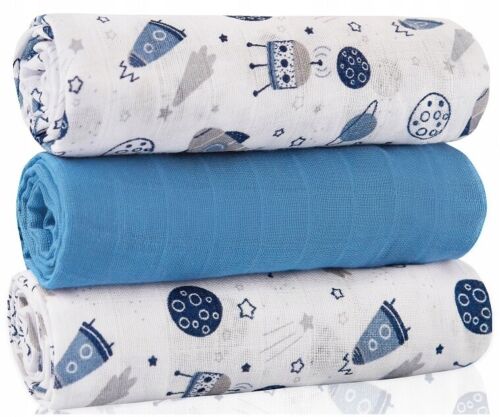 Baby Muslin Nappies Cloth Diaper Cotton 3-PACK Colourful 70x70cm Navy rockets