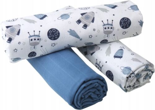 Baby Muslin Nappies Cloth Diaper Cotton 3-PACK Colourful 70x70cm Navy rockets