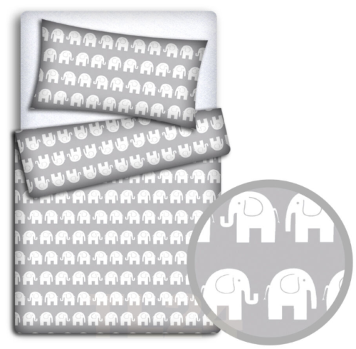 2pc Baby Filled Bedding Set Duvet Pillow 100% Cotton For Cotbed Elephants Grey 135x100cm