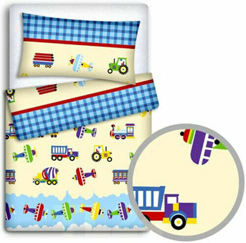 Baby Trucks 3Pc Bedding Set Cotton Pillow Duvet Bumper Fit Cot 120x60cm