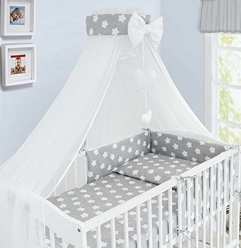 BABY 14PC BEDDING SET COTTON PILLOW DUVET BUMPER FIT COT 120x60 Big white on grey