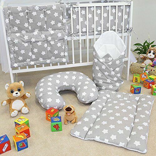 BABY 14PC BEDDING SET COTTON PILLOW DUVET BUMPER FIT COT 120x60 Big white on grey