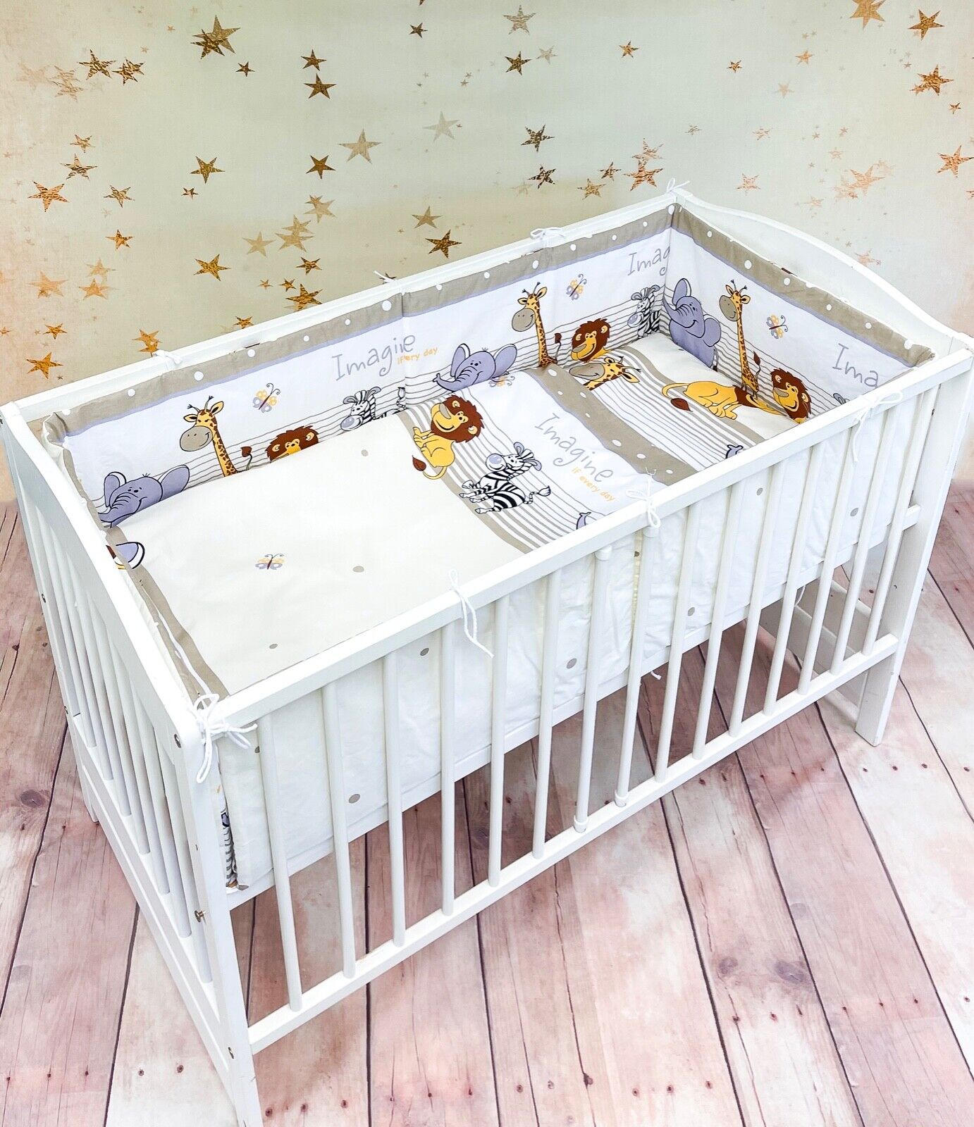 Baby 6pc Bedding Set All-round Straight Bumper Fit Cotbed 140X70 Safari beige