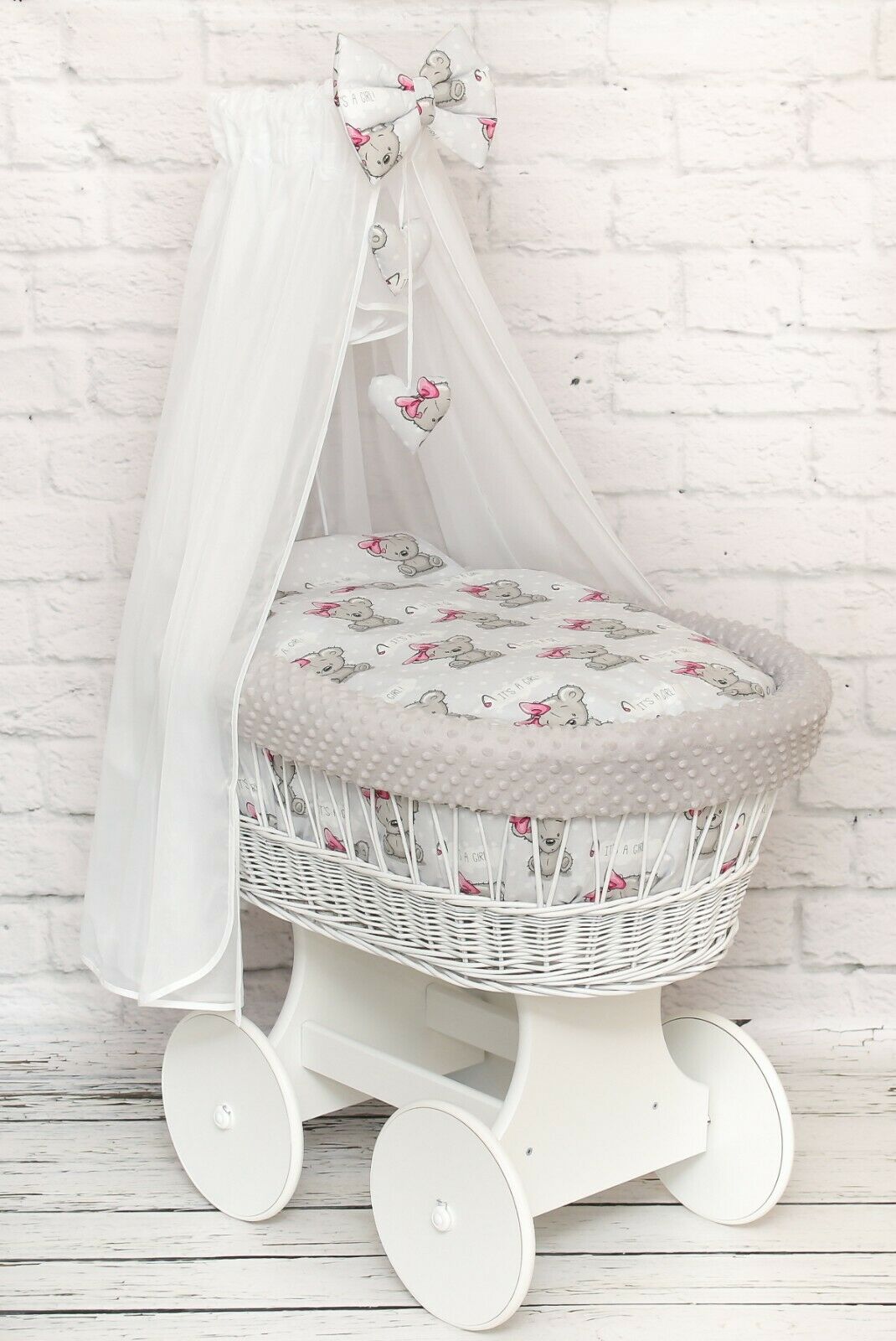 Full Bedding Set With Canopy To Fit Wicker Moses Basket Teddy Girl Bear - Dimple Grey
