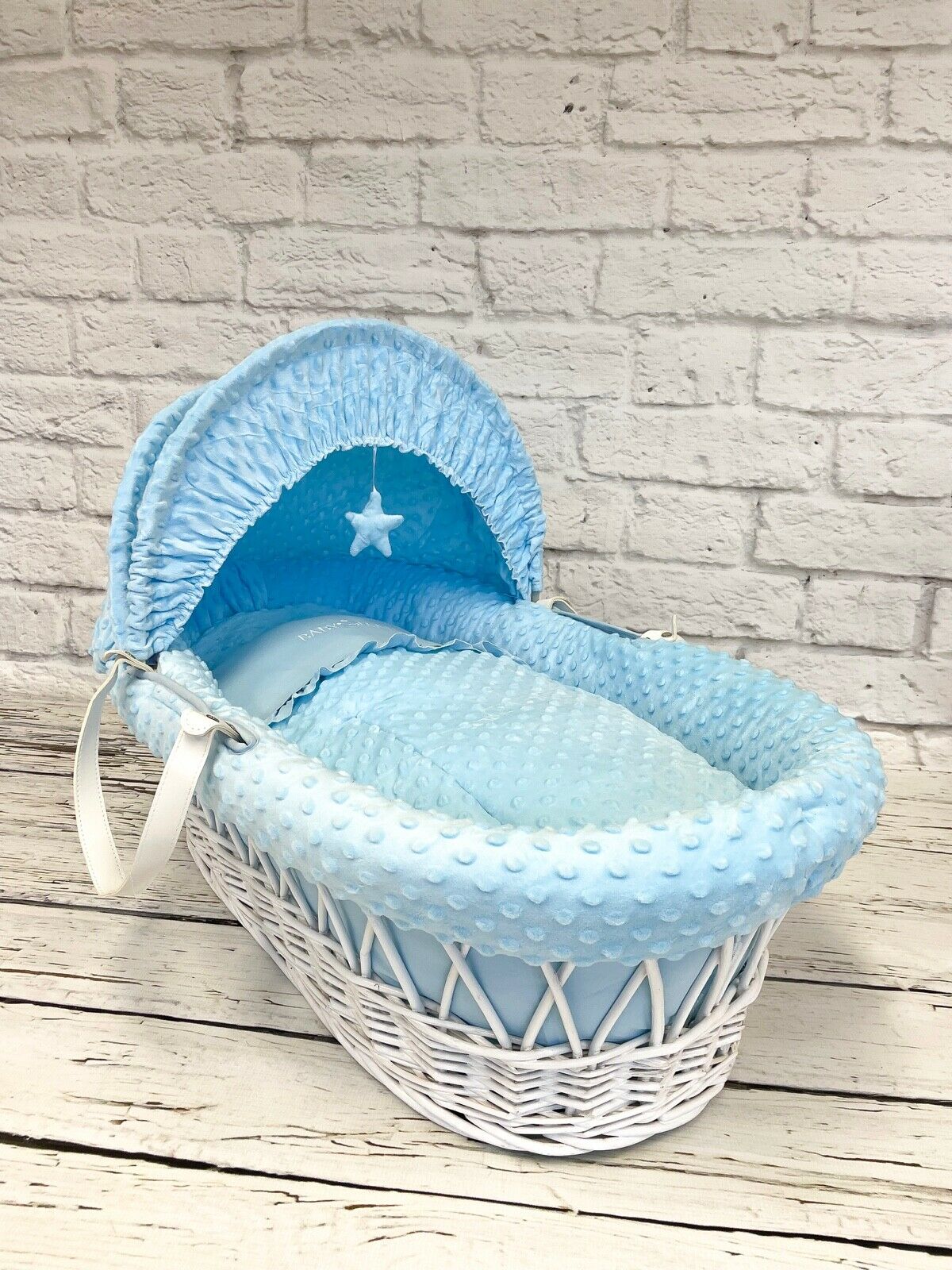 Luxury Moses Basket Padded Grey Wicker Baby Full Set - Blue